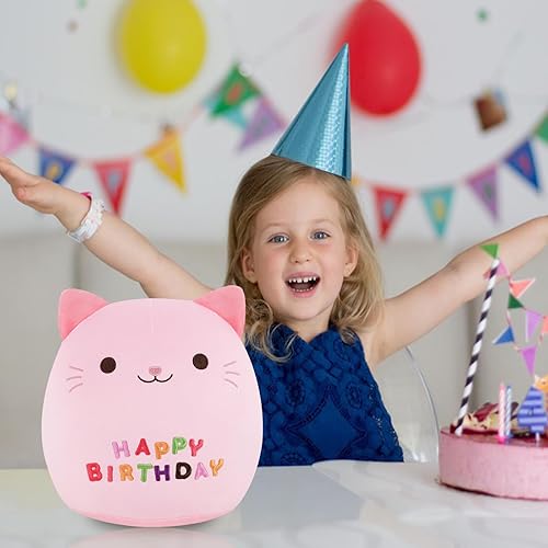 Miniatura 4 de Almohada de felpa de cumpleaños de gato de 9 pulgadas, lindo juguete de peluche de cumpleaños de gato rosa, decoración de fiesta de cumpleaños,