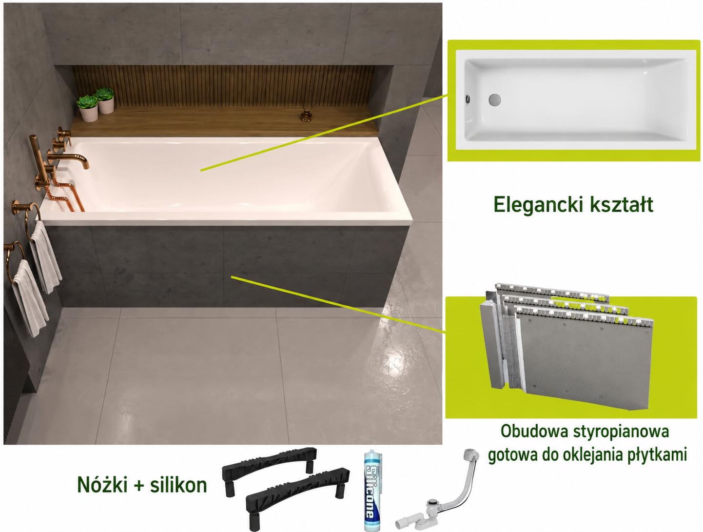 Wanna ECOLAM Marella 150x70 cm + wyściółka styropianowa pod płytki | Nowoczesna wanna prostokątna, najwyższej jakości wanna akrylowa | Kompletny zestaw z odpływem, nóżkami i silikonową obudową
