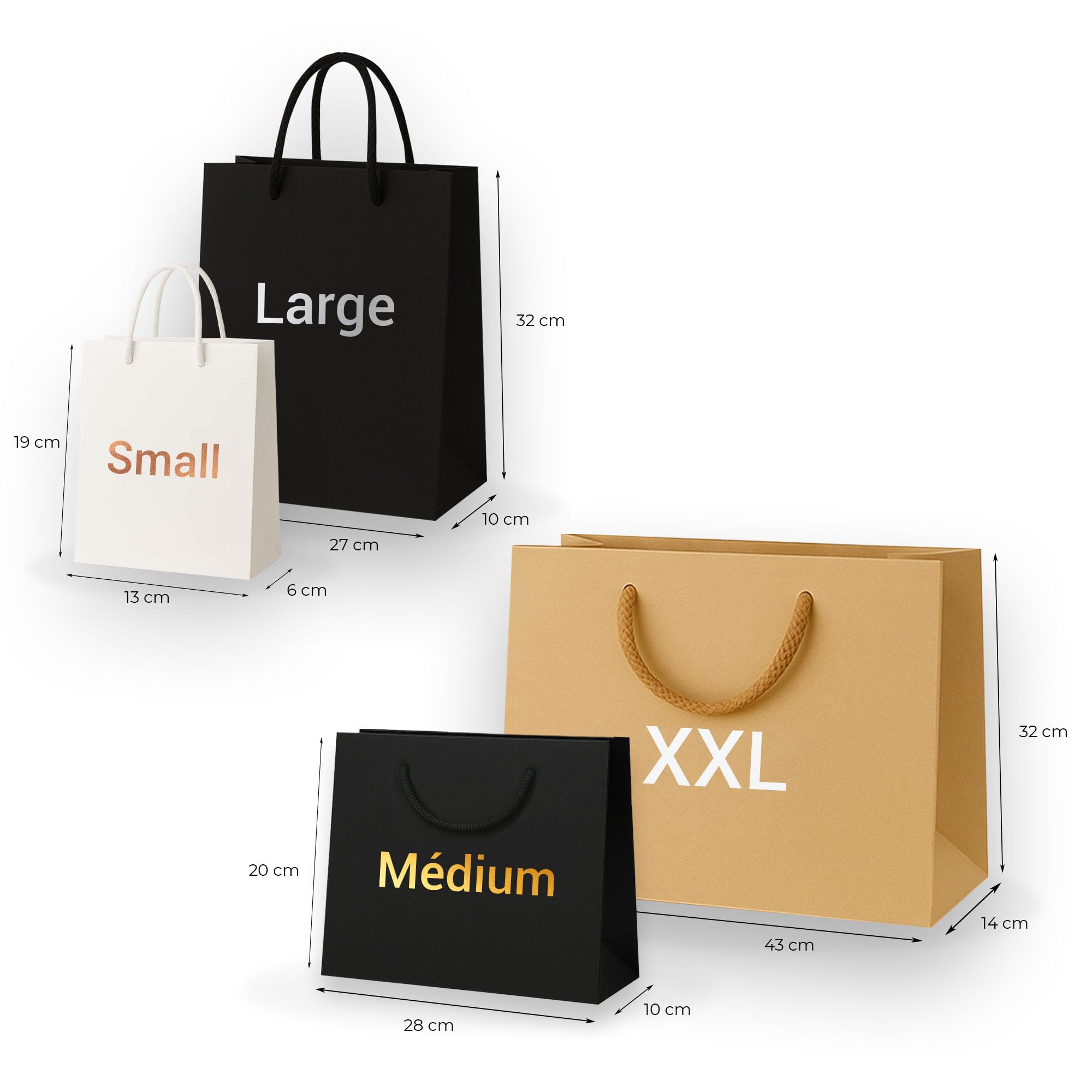 Set di 25 sacchetti di carta personalizzati - carta lusso da 250 g/m² con manici in corda intrecciata – bianco, nero, cammello –4 misure– Personalizzabili con logo –Jolis Papiers– Made in France
