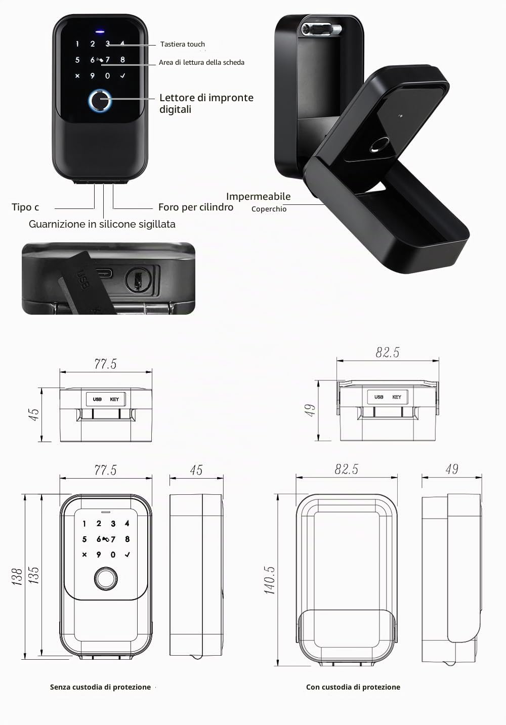 Smart KeyBox - Cassetta portachiavi connessa in alluminio nero - Gateway Bluetooth/Wi-Fi 2,4 GHz incluso - App Tuya - Codice, 4 badge, Impronta, Smartphone, 2 chiavi di riserva