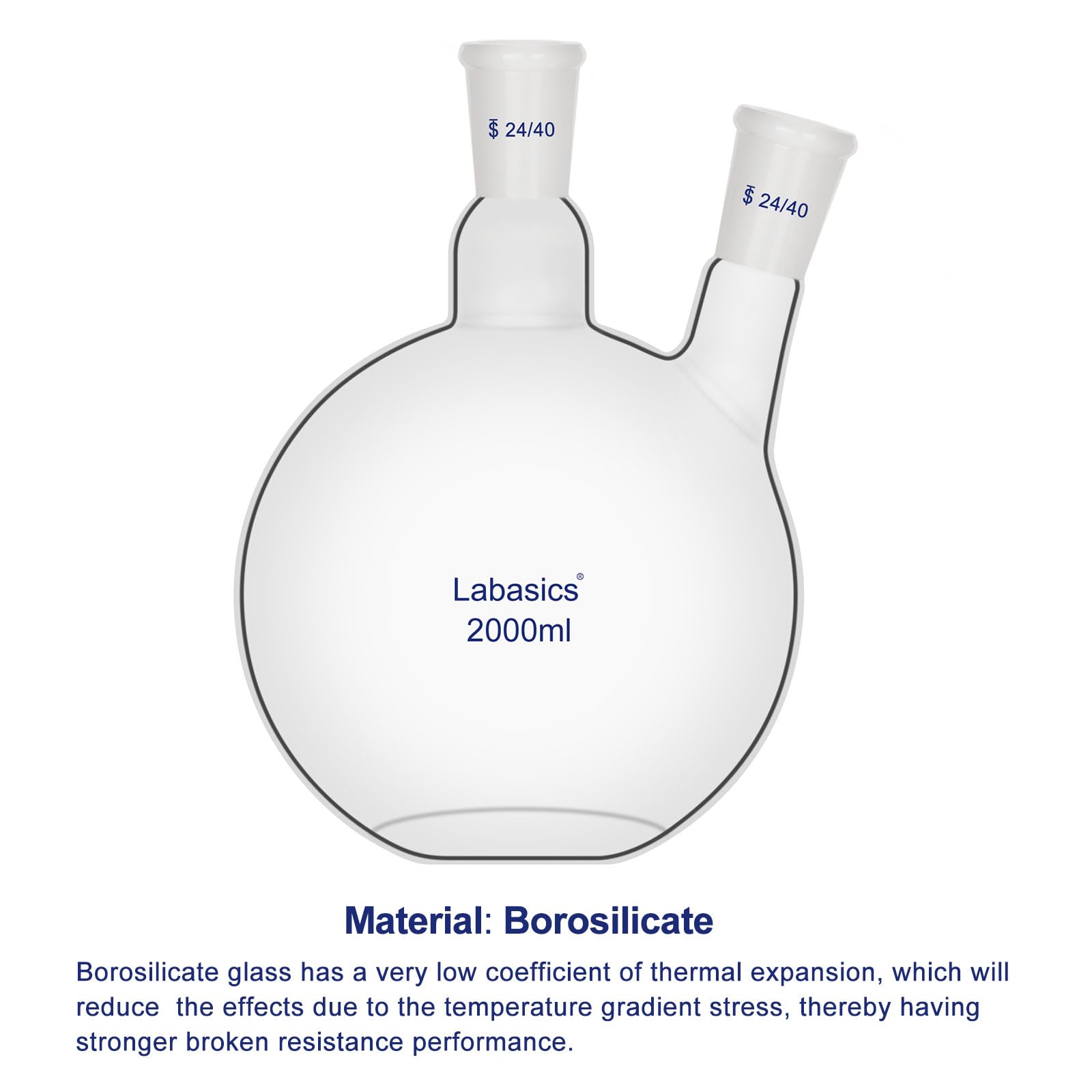 Labasics Matraz de Ebullición de Fondo Plano con 2 Cuellos, Junta 24/40, Vidrio de Borosilicato, Resistente al Calor para Destilación y Laboratorio, 2000ml