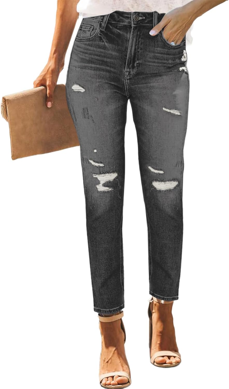 PerZeal Women’s Skinny Ripped Trendy Jeans Mid Waisted Destroyed Denim Pants with Frayed Hem (Pack of 2)