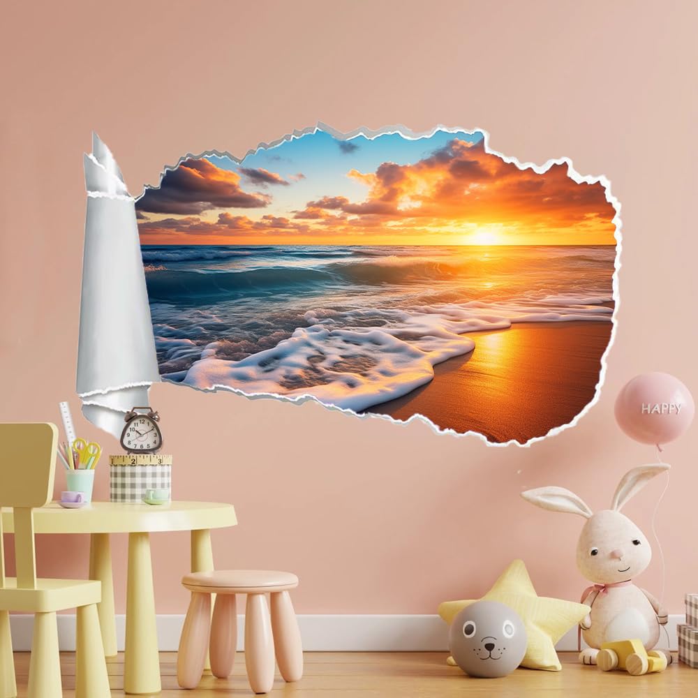 3D Durchbruch Wandtattoo Mädchen Kinderzimmer Sonnenuntergang Am Strand Wandaufkleber Dekorative Landschaft Wandsticker für Junge Teenager Zimmer Wohnzimmer Schlafzimmer Wandbilder Deko