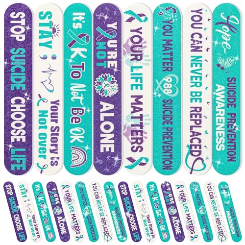 H1vojoxo Suicide Prevention Awareness Nail Files - 48pcs Purple Teal Ribbon Emery Board Inspirational Motivational Nail File for Suicide Prevention Awareness Favor Volunteer Charity Campaign Supplies