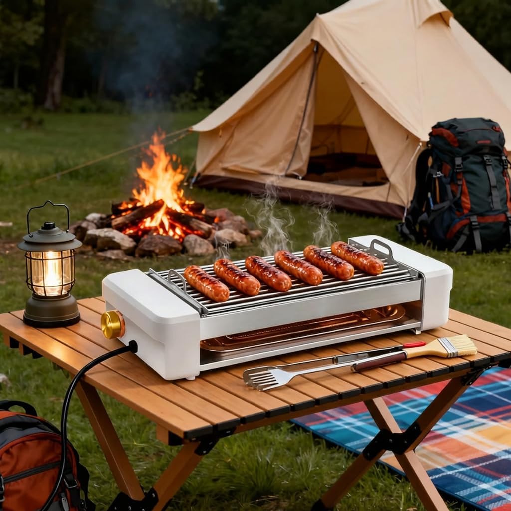 Multifunctional Tabletop Sausage Grill, 5-Speed Temperature Control, Replaceable Grill Net & Pan & Sausage Rack, All-in-One for Camping/Party/Breakfast,white,Holiday Gifts