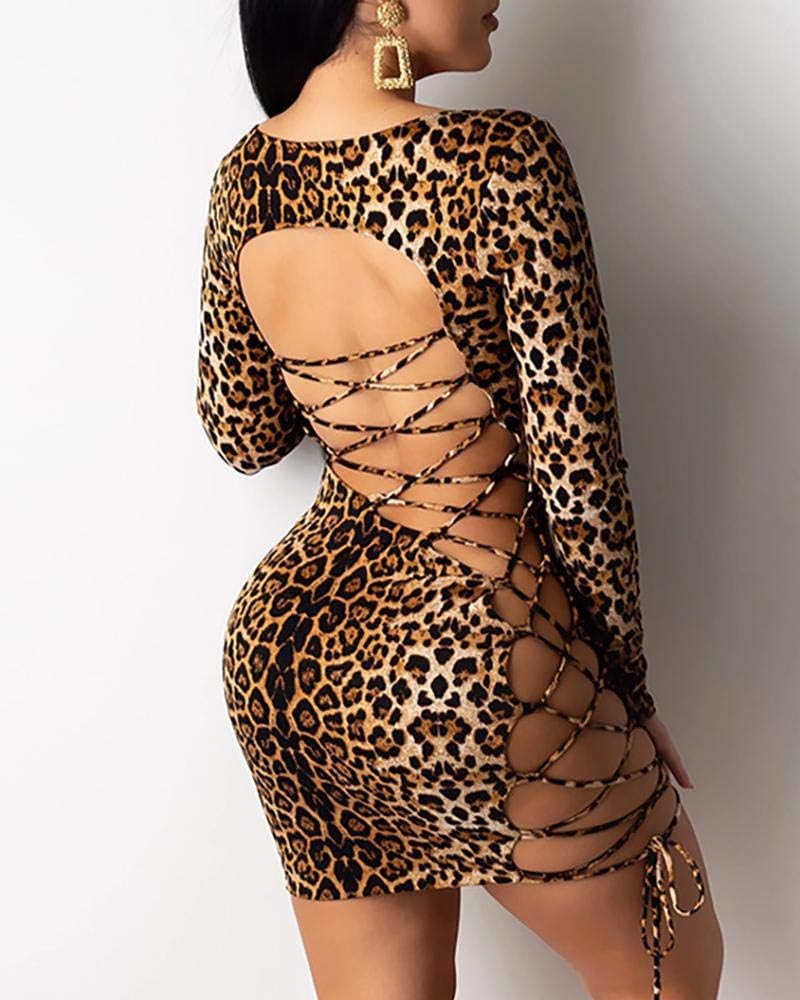 Women U Neck Backless Mini Dress Sexy Long Sleeve Leopard Cocktail Dresses Bodycon Hollow Cut Party Club Dress - Image 5