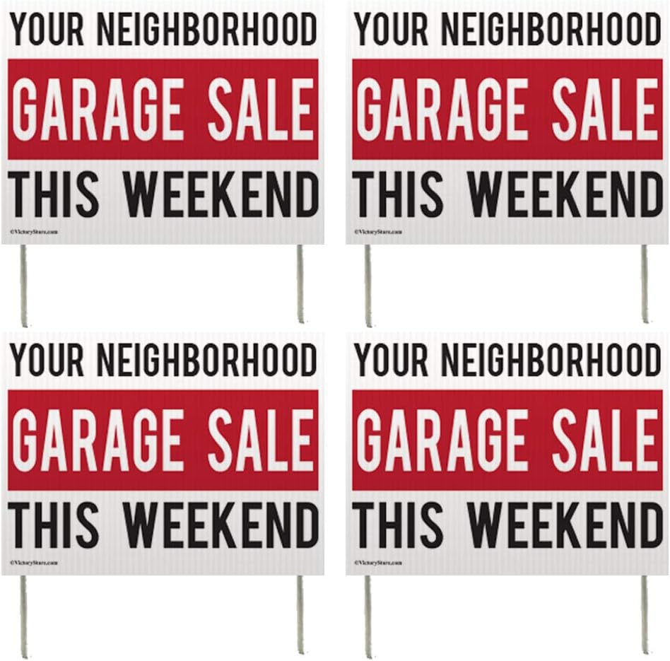 VictoryStore Custom Neighborhood Garage Sale Banner and Sign Set 3 feet x 6 feet Vinyl Banner and 4 18 Inch by 24 Inch Yard Signs, Includes Stakes