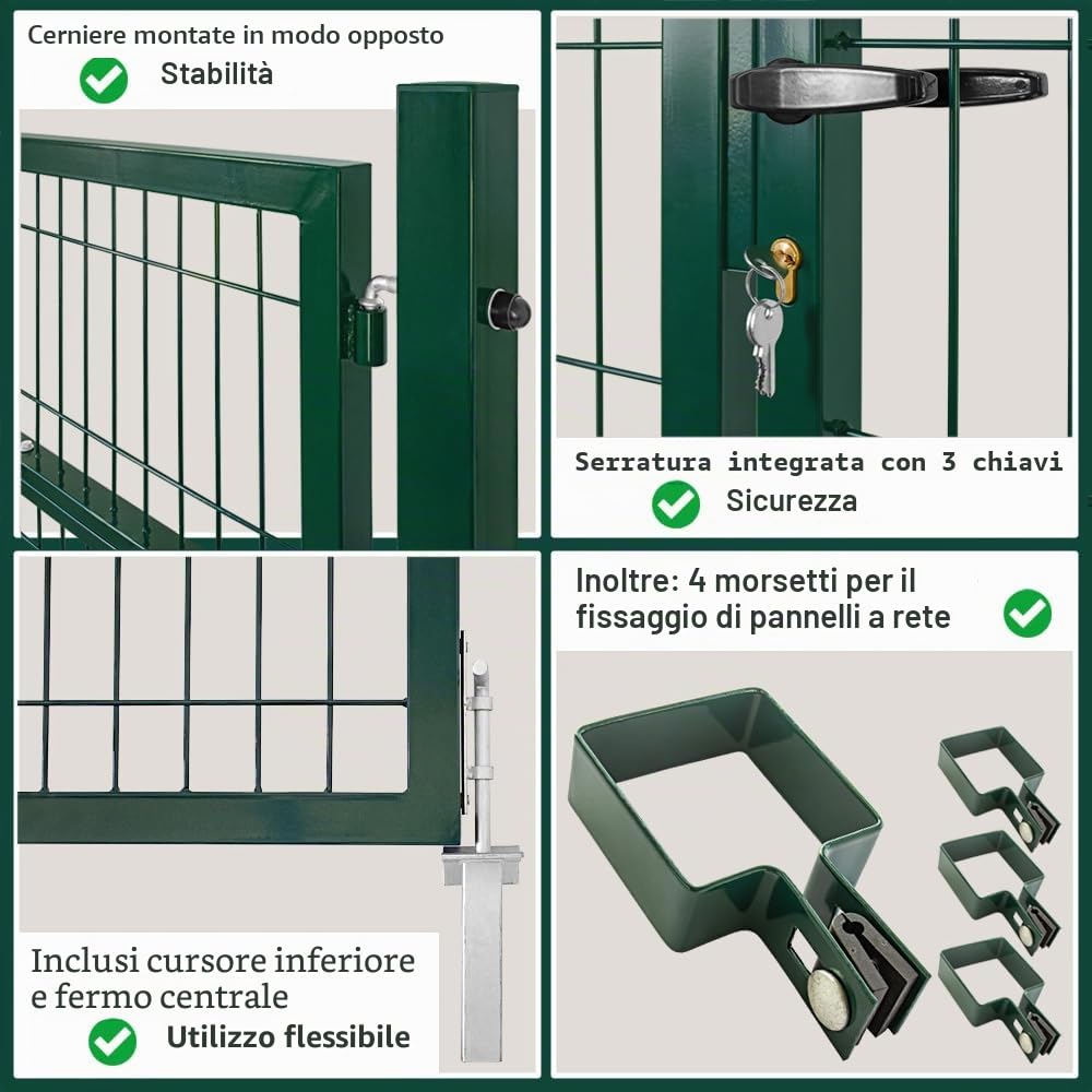 Cancello da Giardino, 300 x 140 cm, Doppia Anta in Metallo, Porta da Giardino per Asta e Recinzione, con Serratura, Include paletti, Verde