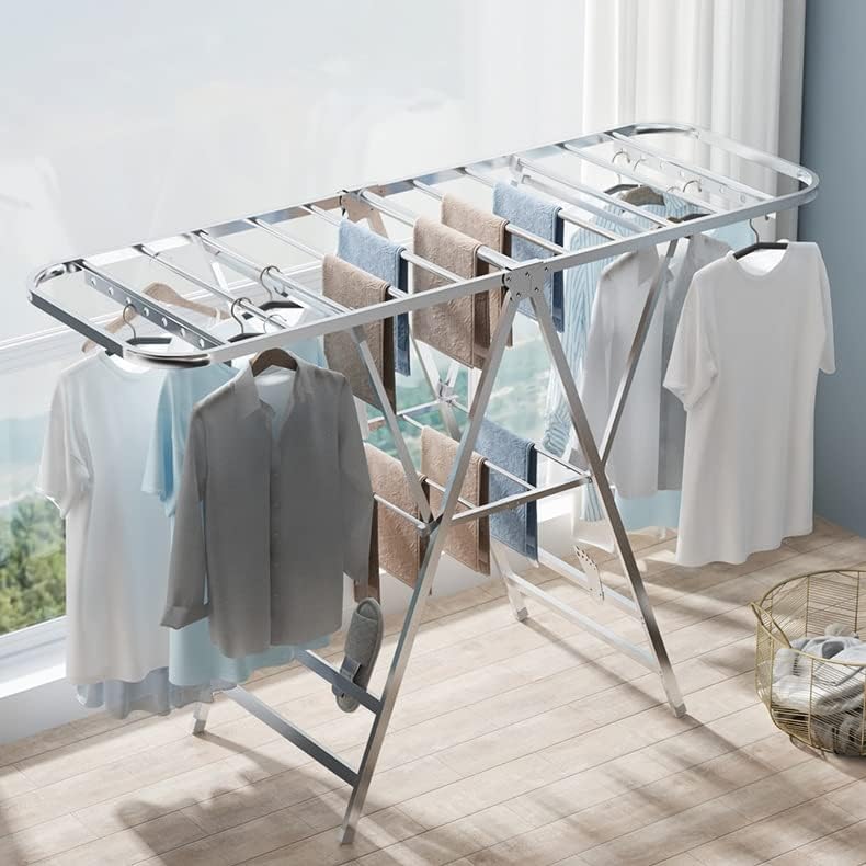 Clothes Drying Rack Clothes Drying Rack, Foldable 2-Level Laundry Drying Rack, Free-Standing Stainless Steel Drying Rack with Height-Adjustable Wings for Clothes, Sheets