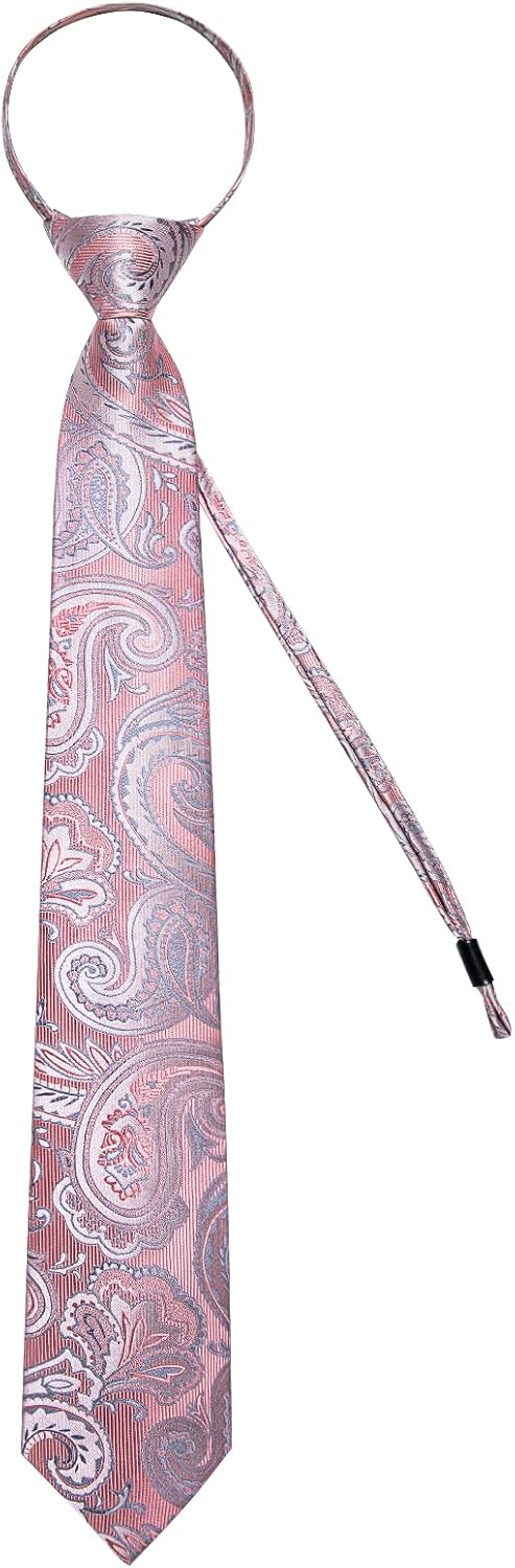 DiBanGu Silk Zipper Ties for Men,Paisley Solid Plaid Pre-tied Tie and Pocket Square Cufflinks Set Formal Adjustable Necktie - Image 4