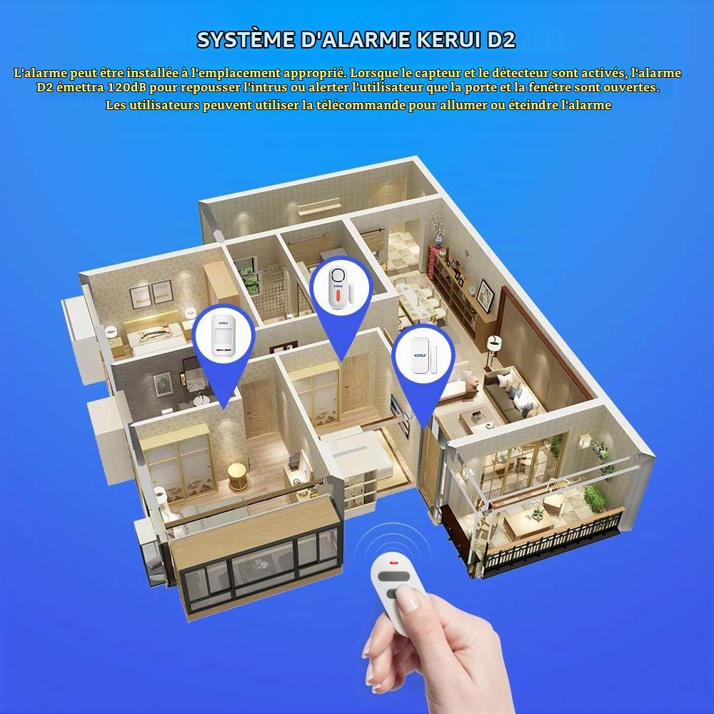 KERUI Détecteur Ouverture Porte et Fenêtre avec Système Alarme Maison sans Fil pour la Maison, Garage, Bureau - 1 Alarme de Porte 1 Télécommande 4 Détecteurs de Porte.
