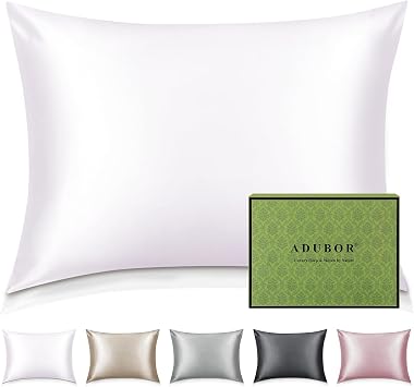 Adubor 100% Silk Pillowcase - Mulberry Silk Pillow Cases, 22 Momme 6A Grade Fibers, Silk Pillow Case for Hair and Skin Health, with Hidden Zipper White, King 20x36, 1PC