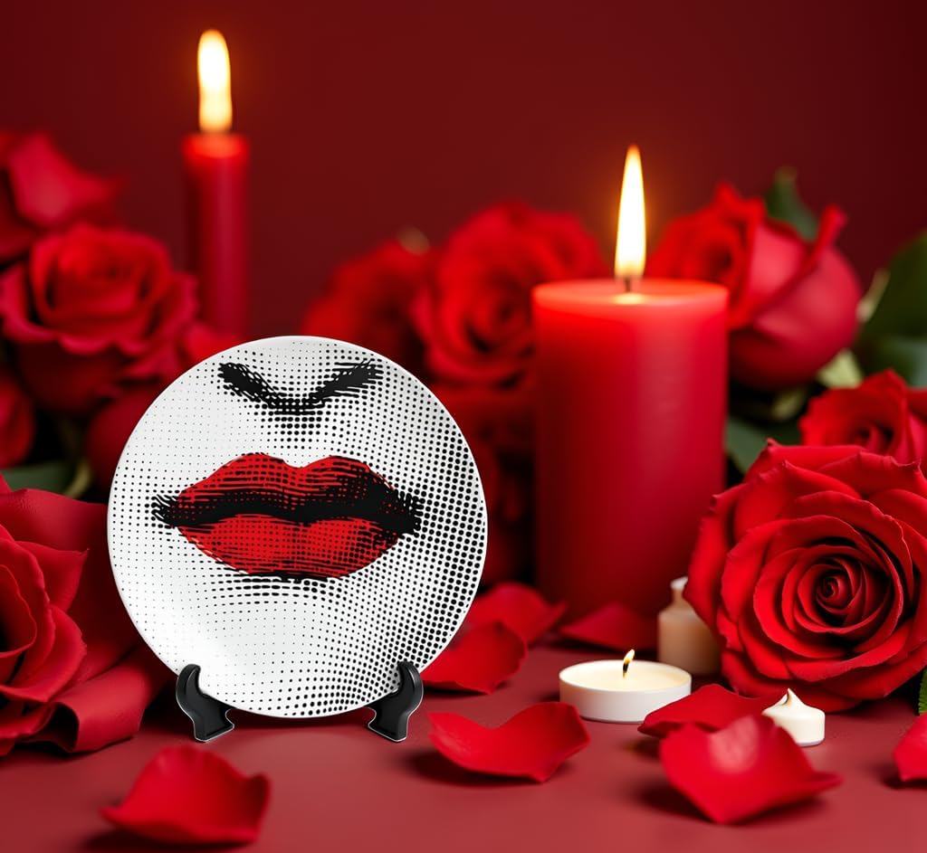 AlphaDesignLuxe 10" Italian-Style Decorative Plate – Modern Art Face Design, Handcrafted Ceramic Platter for Tabletop or Wall Display (Red Lips)