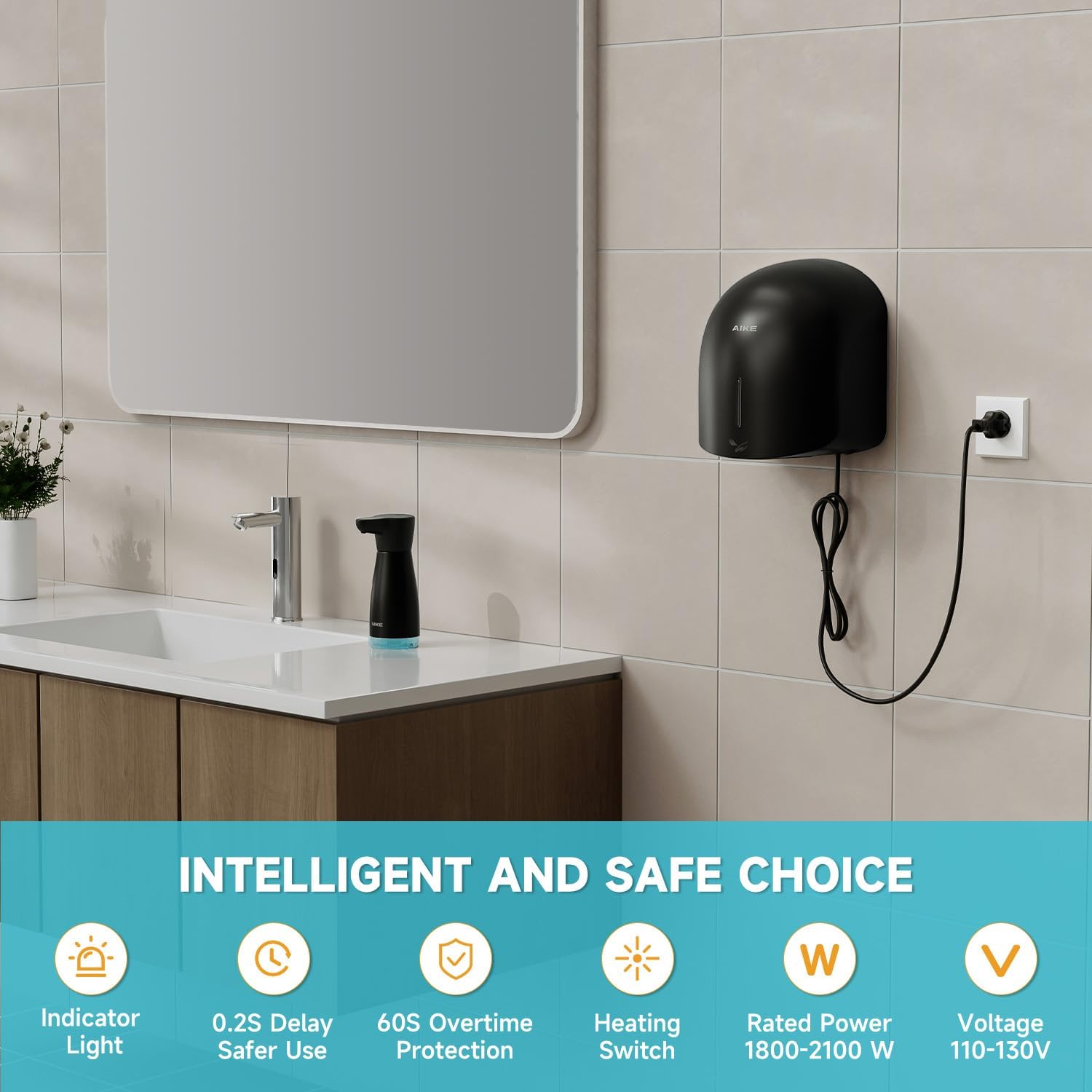 AIKE GentleAir Warm Hand Dryer,Low Noise Perfect for Home Bathrooms,Black Cover AC110V-130V,Model AK2637