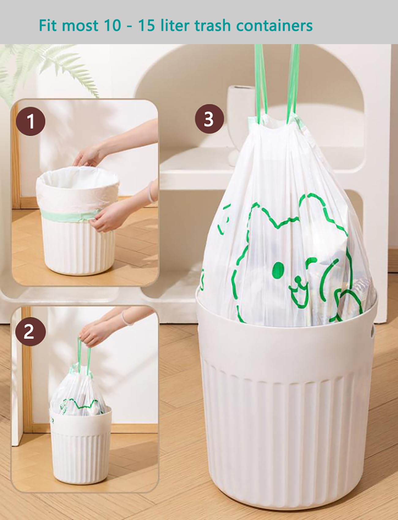 Müllbeutel mit Kordelzug, reißfrei, für Badezimmer, Büro, Zuhause, Schlafzimmer, Mülleimer mit schönen bedruckten Müllkorbbeuteln (Farbe C, 300 Stück)