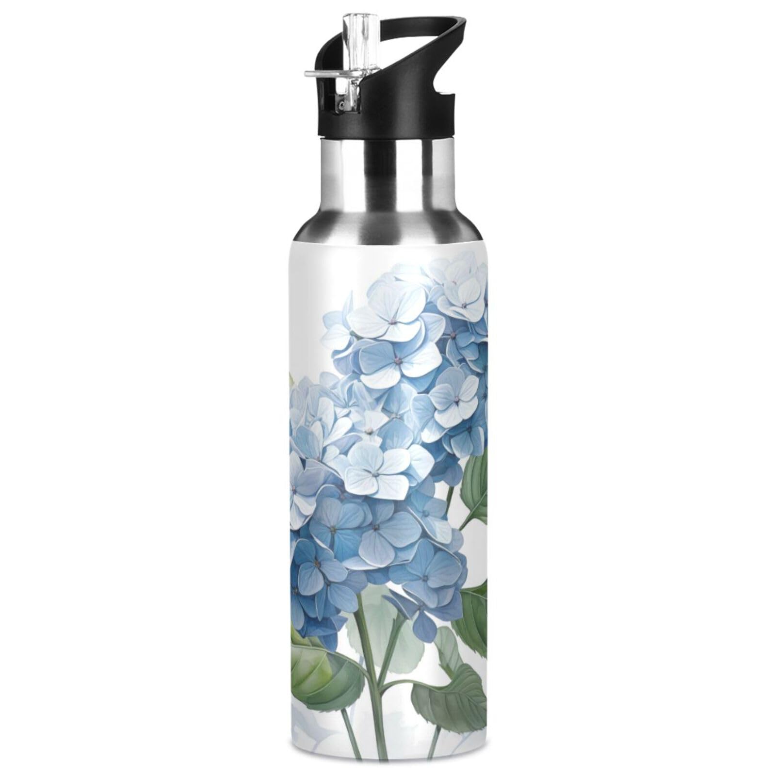 ALAZA Hydrangea Flowers Wasserflasche mit Strohhalm-Deckel, vakuumisolierte Edelstahl-Thermoflasche, 900 ml