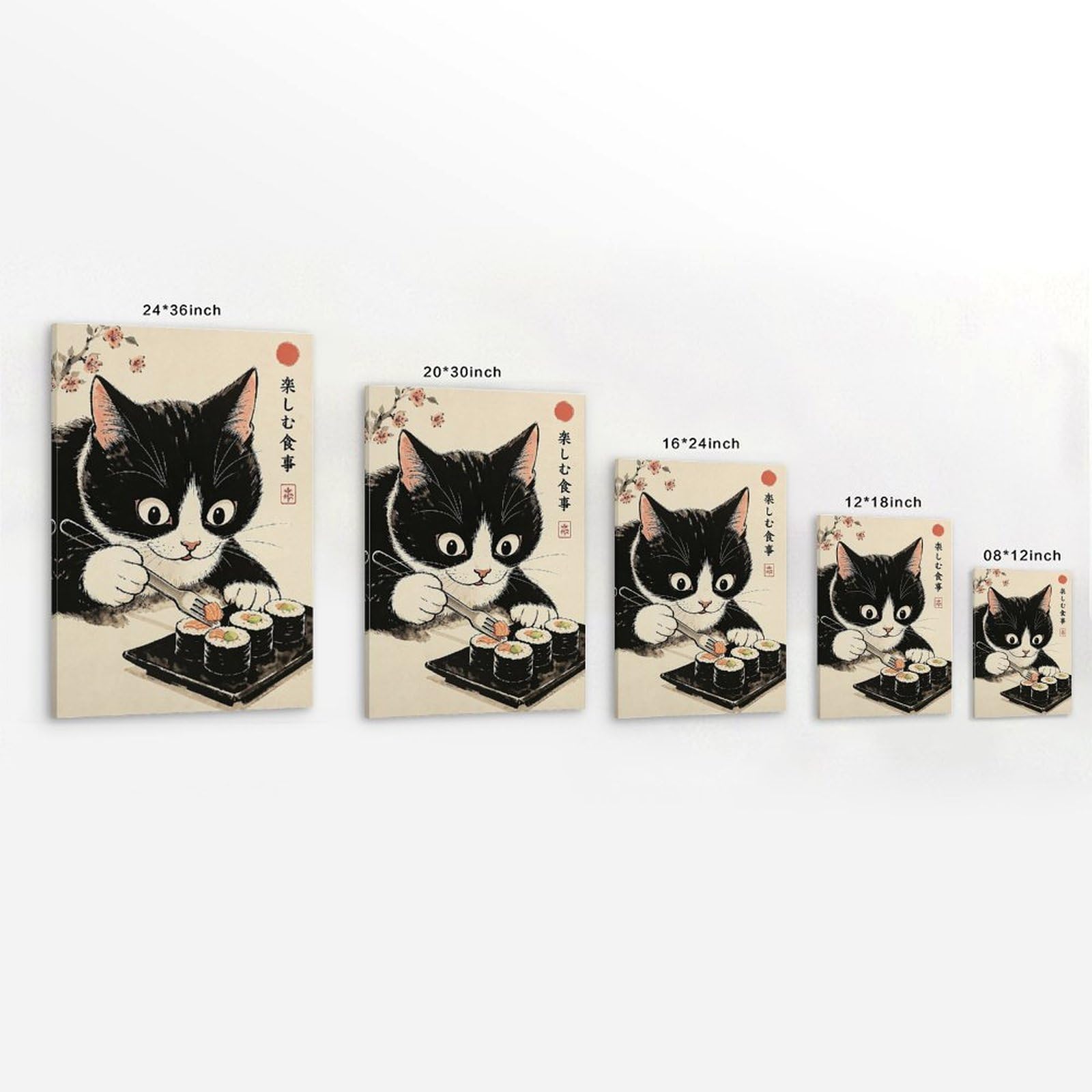 Lienzo decorativo para pared con diseño de gato sushi inspirado en Japón, póster de gato kawaii en blanco y negro, diseño de gatito comiendo sushi para cocina, comedor, decoración para amantes de los