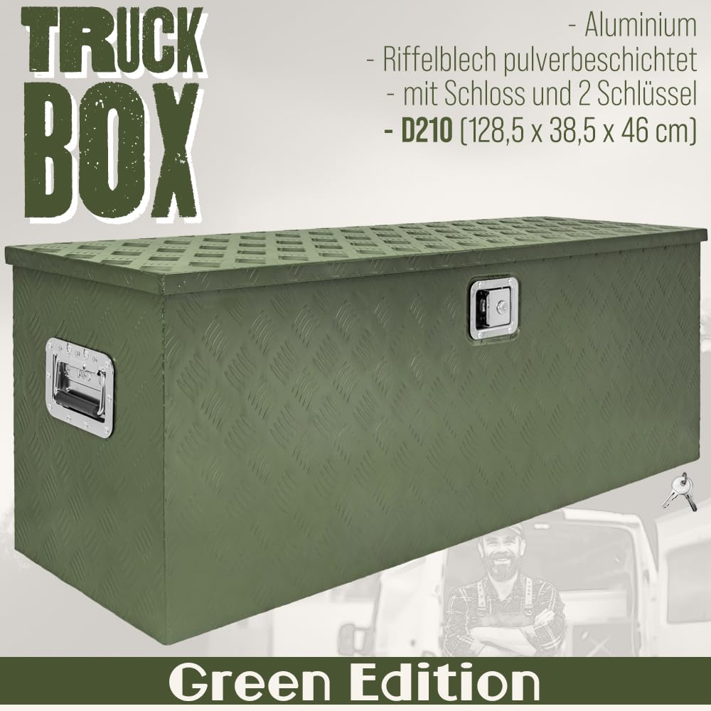 Trucky Deichselbox Grün Werkzeugkasten Truckbox Alu Box Anhänger Kiste mit Deckel Abschließbar Alubox Transportbox Werkzeugbox Aluminium Aufbewahrungsbox D210