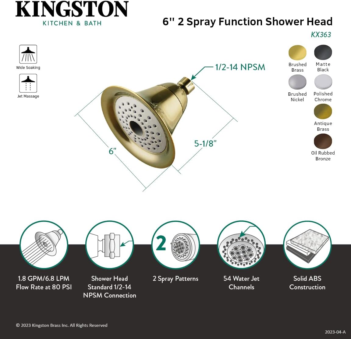 Kingston KX363 6" Round 2-Function ABS Shower Head, Antique Brass