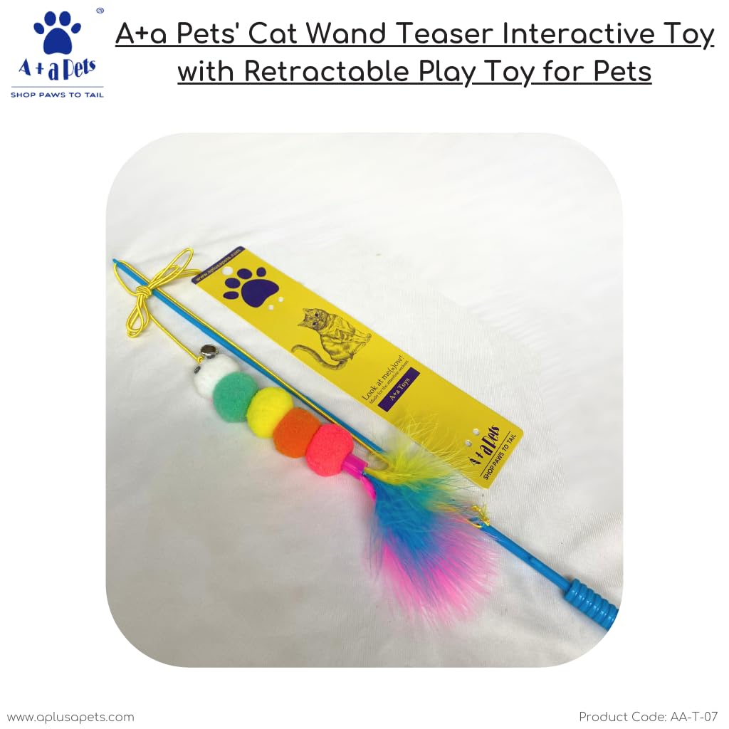 A+a Pets' Cat Wand Teaser Interactive Toy with Feather Tail Play Toy for Cats, Puppies, and Small Animals (Pom) 3