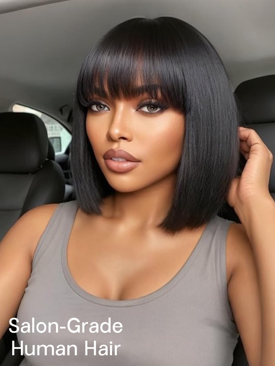 CoCrowns Bob Wig Human Hair 210% Density Bob Wig with Bangs 100% Human Hair Wigs for Black Women Pre-Bleached Glueless Straight Bob Wigs (Black) - Image 2