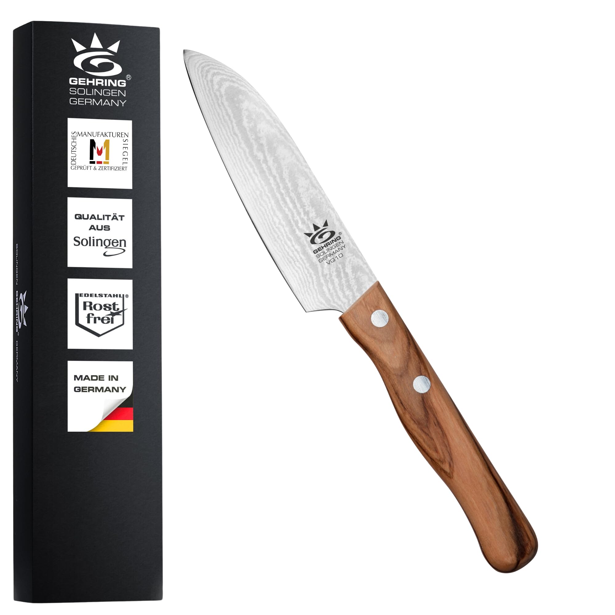 Solingen Look Damast Santokumesser 11 cm I scharfes Profi Küchenmesser I eisgehärter Damaststahl VG10 I ergonomischer Olivenholzgriff I Damastmesser I Made in Germany
