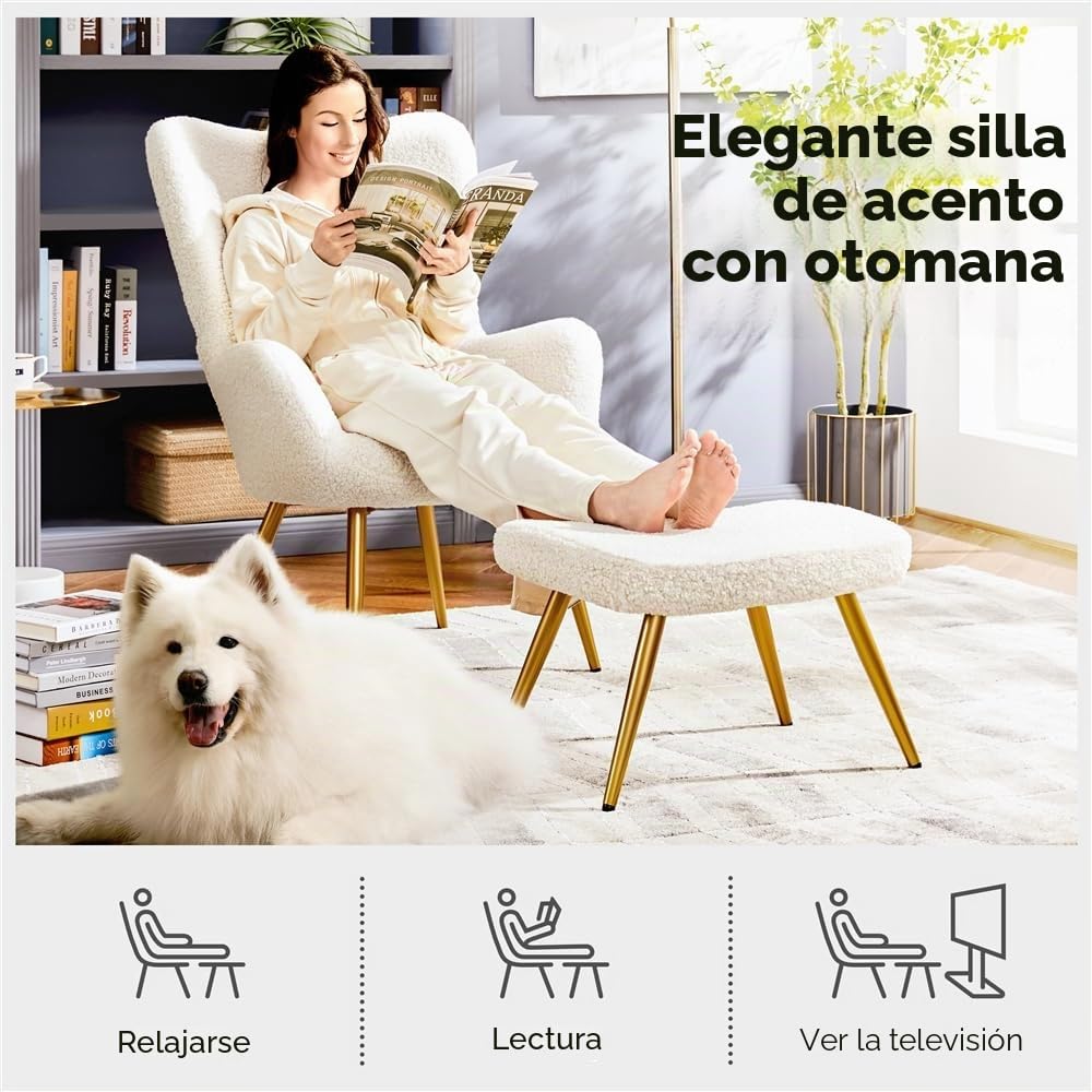 Yaheetech Sillón Orejero con Reposapiés Butaca de Salón Tapizada en Bouclé Sillón Lectura con Otomana de Respaldo Alto Ergonómico Soporte 136kg Ideal para Salón Dormitorio Oficina Marfil