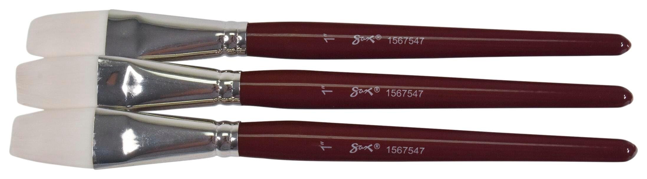 Sax Optimium White Taklon Brushes, Flat Type, Short Handle, 1 Inch, Pack of 3