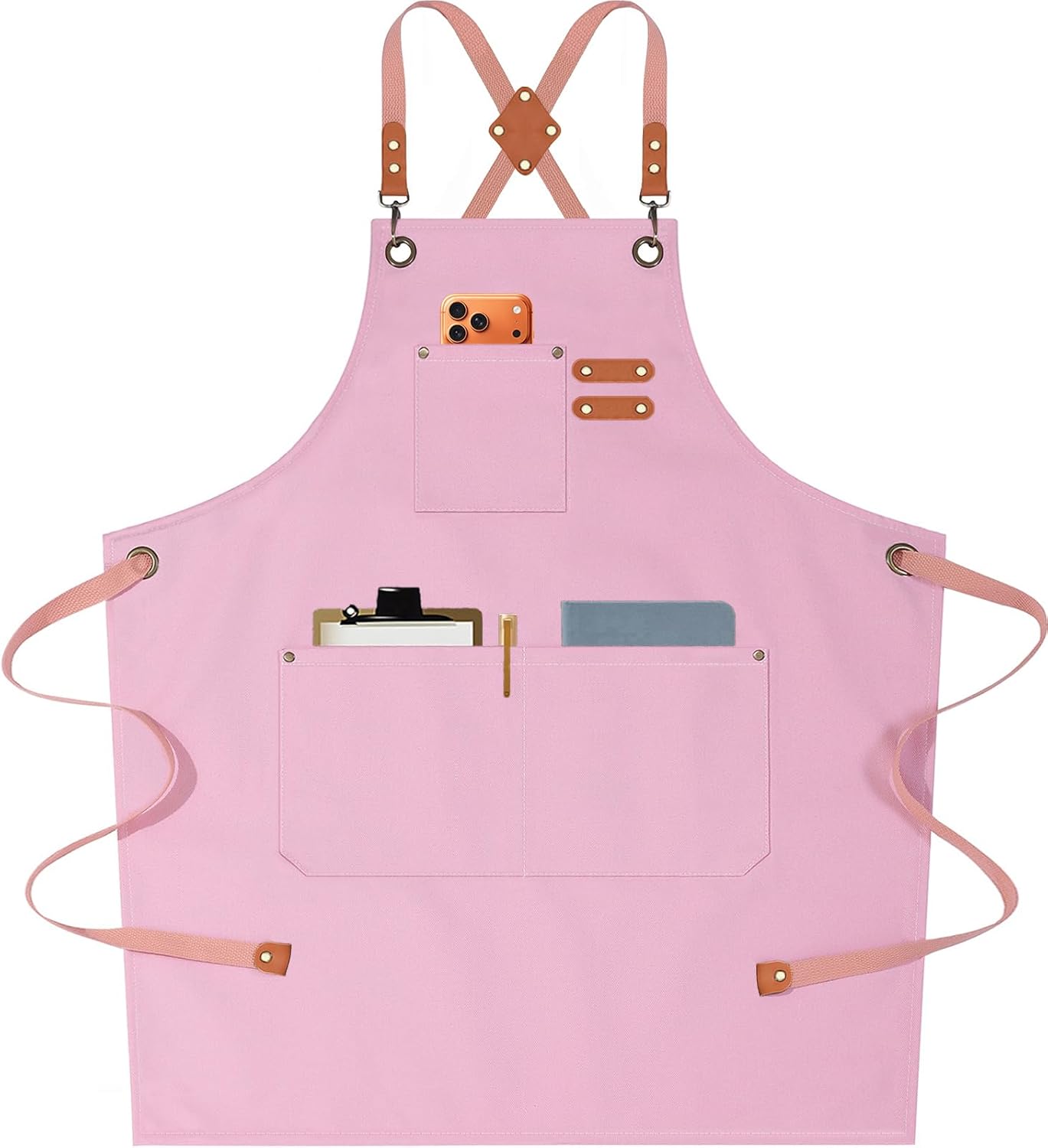 AFUN Chef Aprons for Men Women with Oversized Pockets, 16-Ounce Cotton Canvas Cross Back Heavy Duty Work Apron (Light Pink)