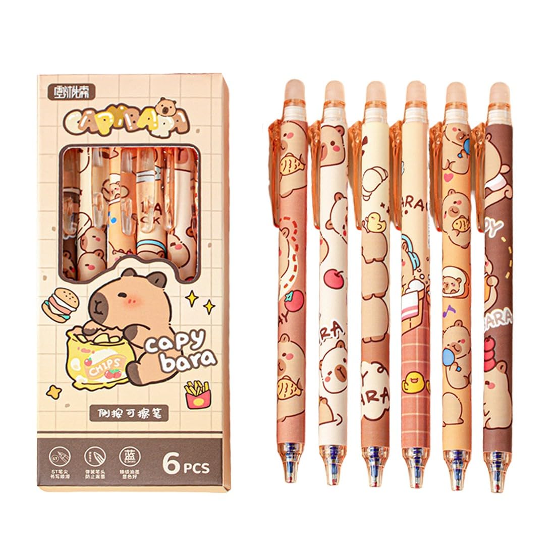 Penne Gel Cancellabili Capibara Set di 6, Inchiostro Termosensibile, Punta 0,5 mm, Design Animali
