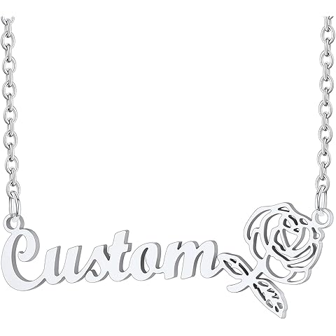 Custom4U Birth Flowers Name Necklace Personalized Stainless Steel Gold Plated Custom Nameplate Zodiac Flowers Necklaces Chain 16