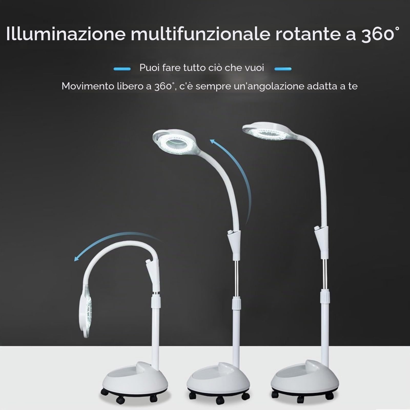 Lampada Medica Senza Ombre con Ingrandimento 8X, Luce LED Chirurgica Mobile Regolabile, 360° Girevole per Studio Dentista Veterinario, Esami Senza Sfarfallio.