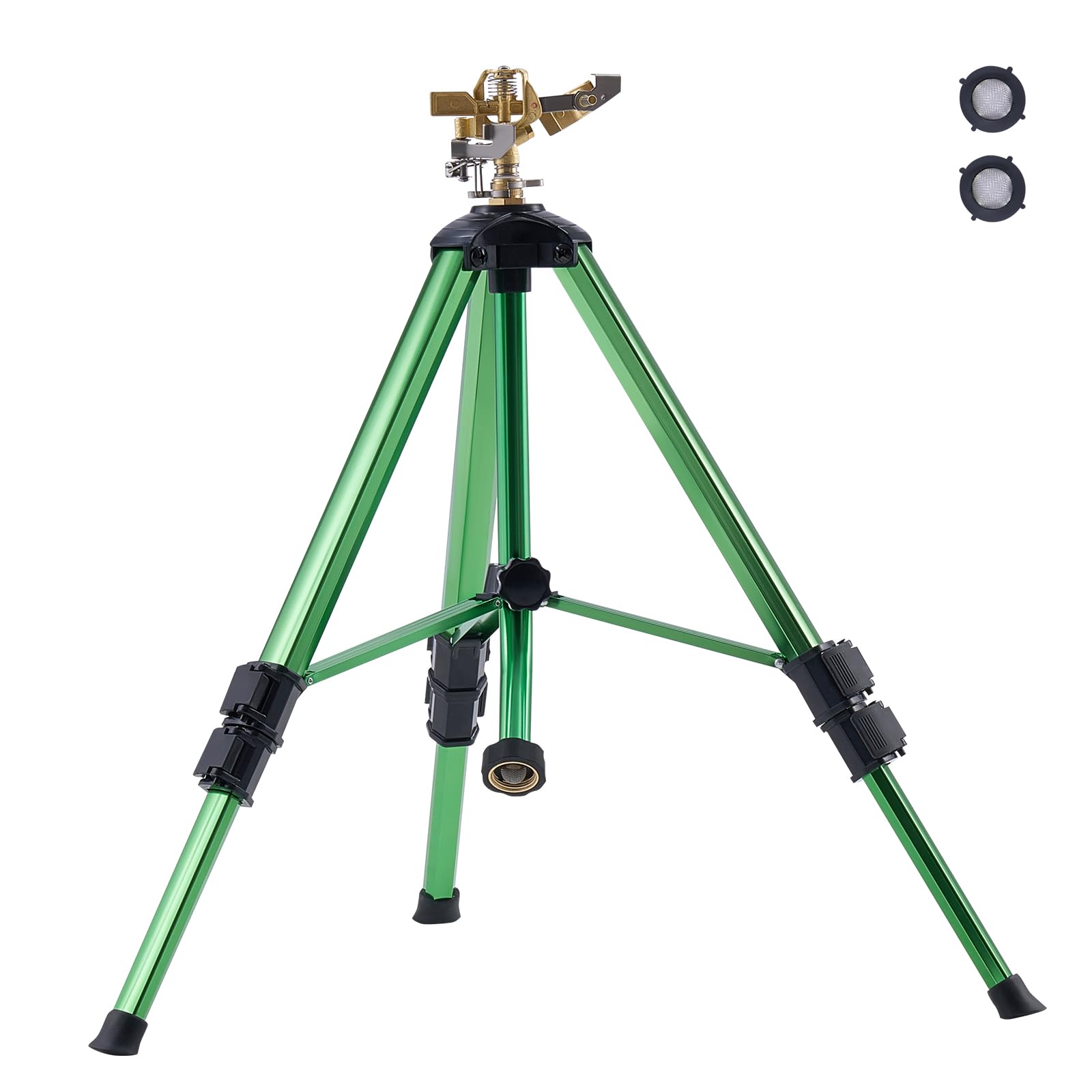 vevor impact sprinkler on tripod base, heavy duty tripod sprinklers with brass head & 3/4" connector, 360 degree large area coverage irrigation sprinkler, adjustable heights, for yard green