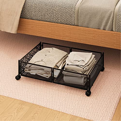 Steauty Under Bed Storage, Metal With Hollow Carved Under Bed Storage Containers With Wheels, Tool-Free Assembly For Twin And Full Size Beds Under Bed Shoe Storage Drawers, Foldable Under Bed Storage Organizer For Clothes, Toy, Book, Blankets (2 Pack, Black) #TOP5
