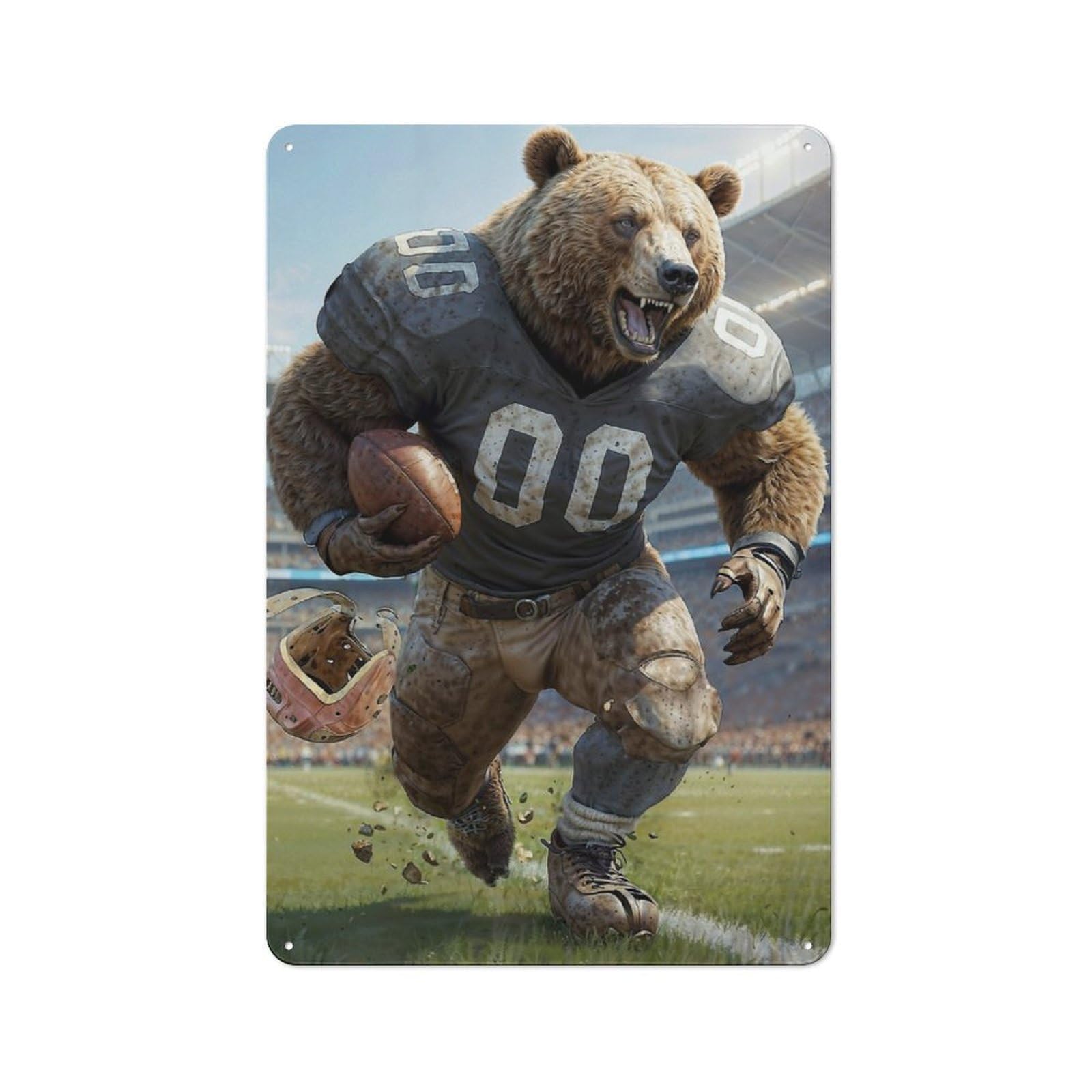 Junmoney Old School Grizzly Footballer Decorative Metal Plaque, Bright Printed Design, For Washroom, Small Wall Space Or Hallway, 30X20cm