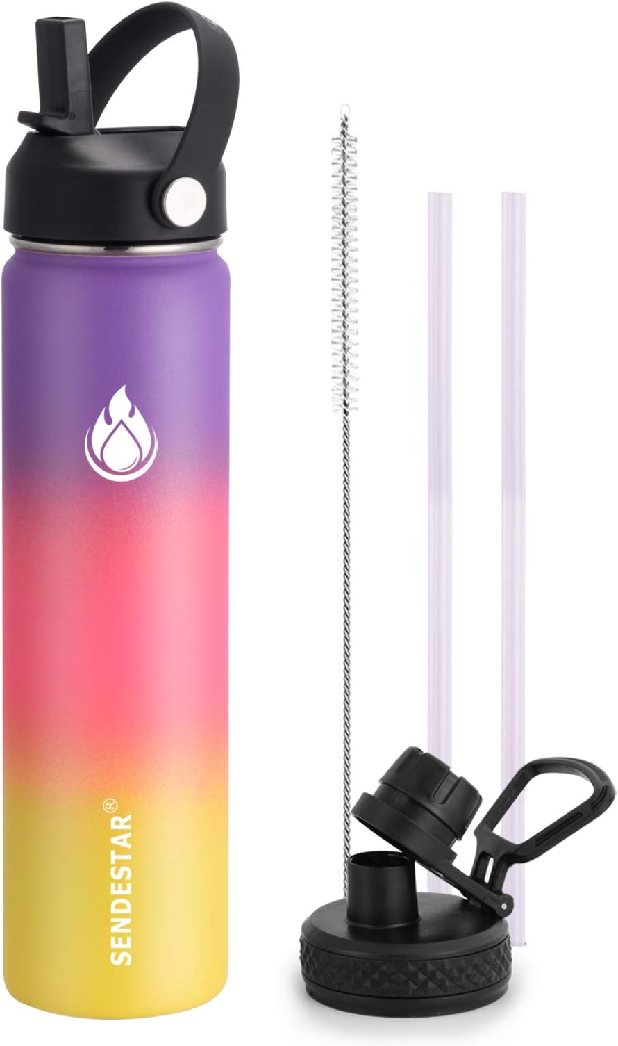 SENDESTAR Water Bottle 24oz Double Wall Vacuum Insulated Leak Proof Stainless Steel Sports Water Bottle—Wide Mouth with New Flex Straw Lid & Spout Lid (Havana)