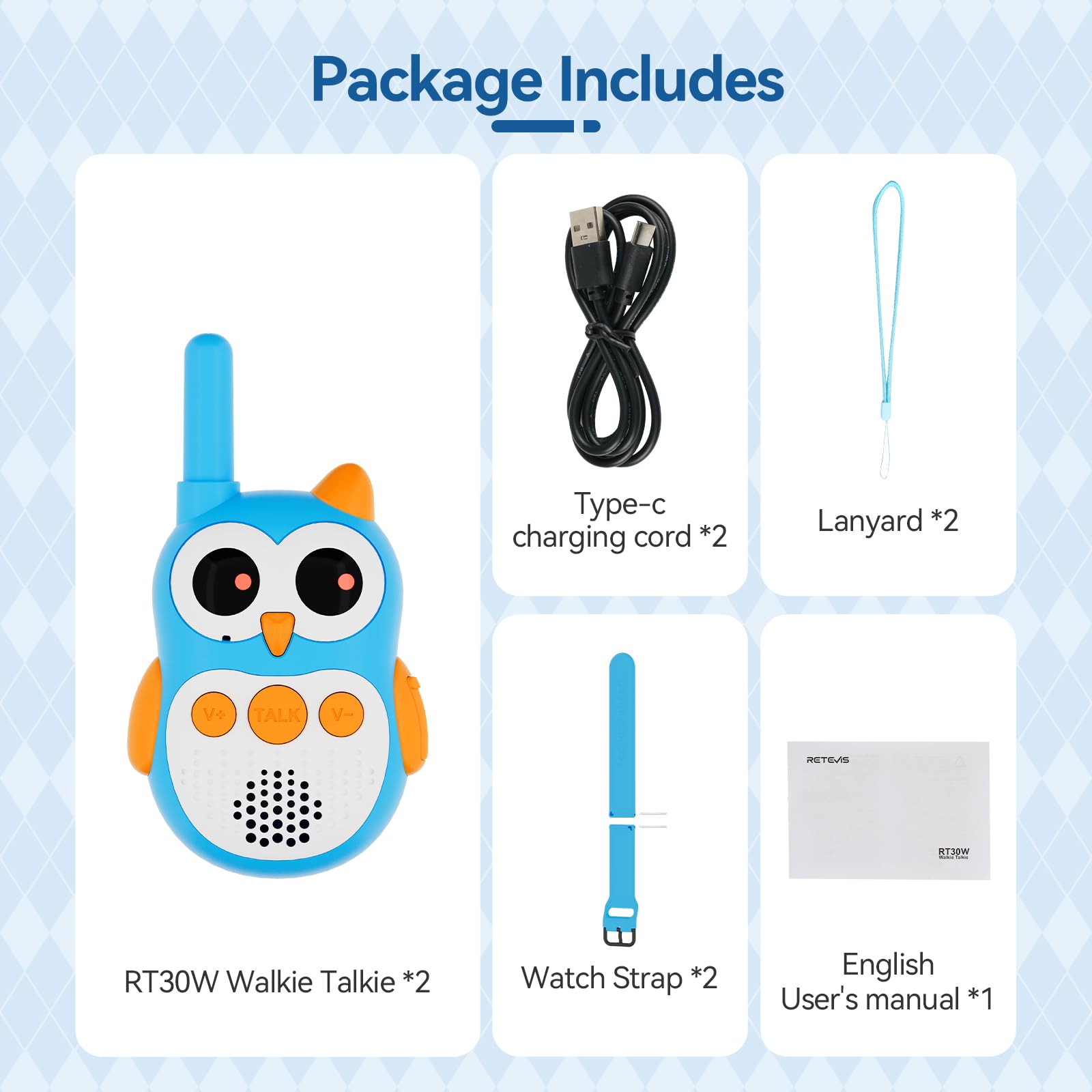 Retevis RT30W Walkie Talkie Bambini, Giochi Bambini Ricaricabili con Occhi LED, Indossabile Walkie Talkie Giocattoli Bambina, Regalo Bambino 4-8 Anni Regali Gioco per Famiglie da Esterno (1 Coppia)