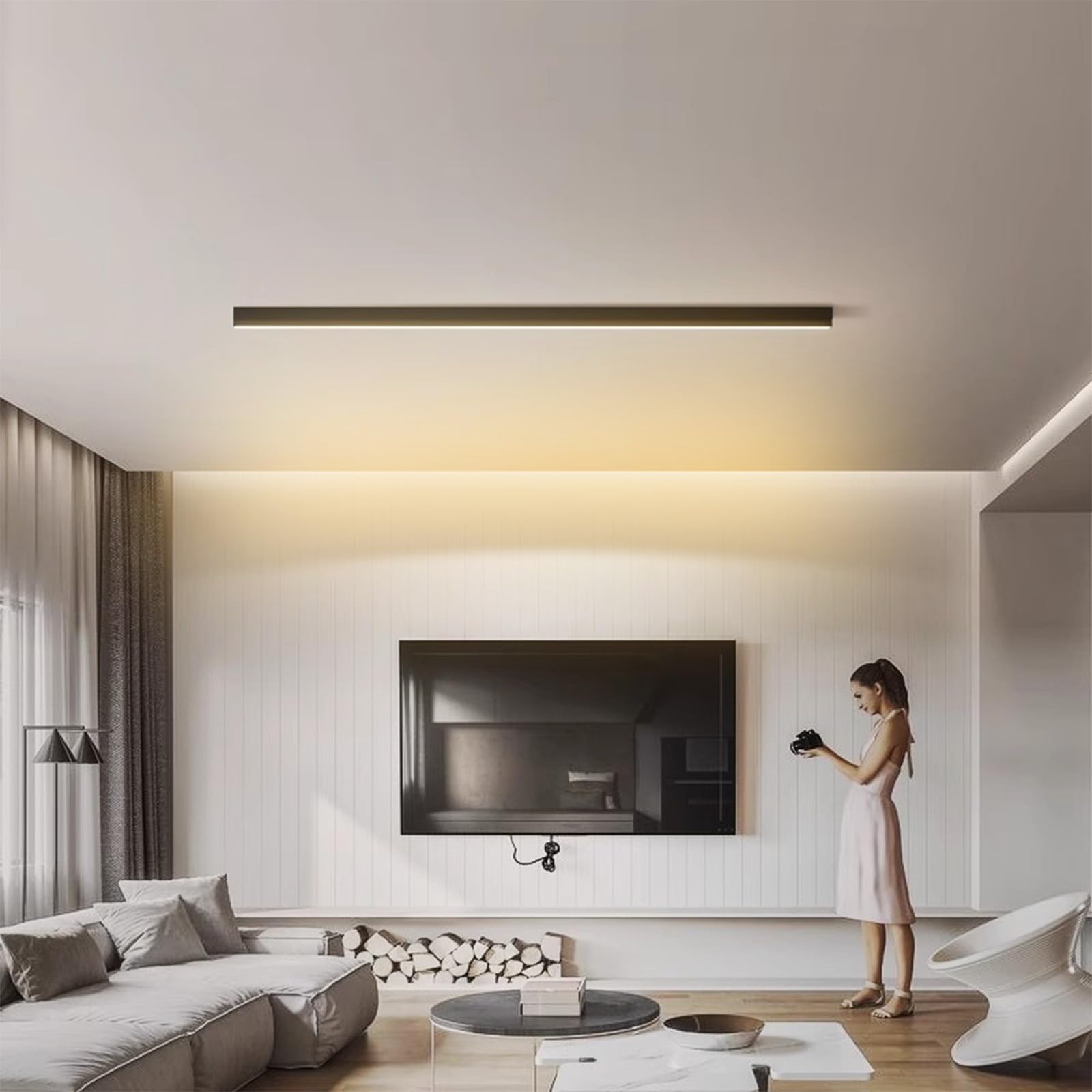 Lineare LED Moderna Lampada da Soffitto Alluminio Minimalista Plafoniera Temperatura Tre Colori Plafoniere 3000K/4000K/6000K Nero Soggiorno Corridoio Camera da Letto (Luce Calda,150cm)