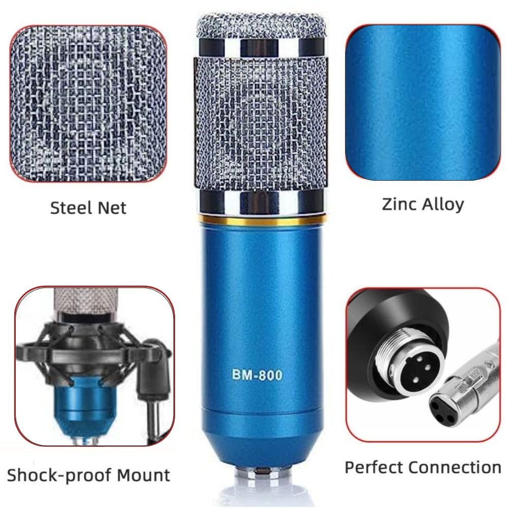 TECHBLAZE Professional Condenser Microphone Kit with Audio Interface Voice Changer DJ Mixer Studio Recording Mike with Amplifier for Live Streaming Podcasting Singing Audio Record (Blue)