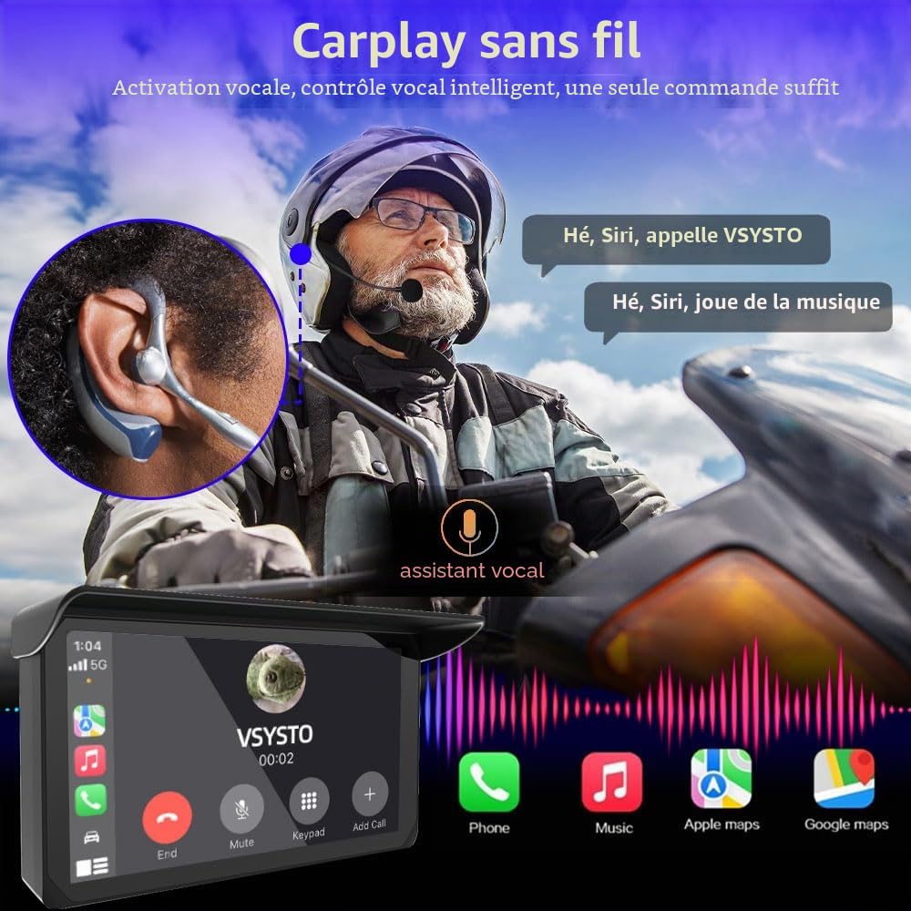 VSYSTO Écran Carplay Moto, Carplay sans Fil et Android Auto Navigation GPS pour Moto, Tactile étanche IP67 de 5 Pouces avec Dual Bluetooth, Siri, Assistant Vocal, Double Port USB, Support
