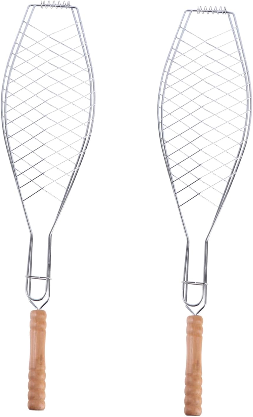 Toyvian 2 Pcs Fish Grill Clip Barbecue Tool with Durable Wooden Handle Non Stick Metal Mesh Rack for Outdoor Camping Picnic Bbq Grilling Steaks Sausages Chicken and Vegetables