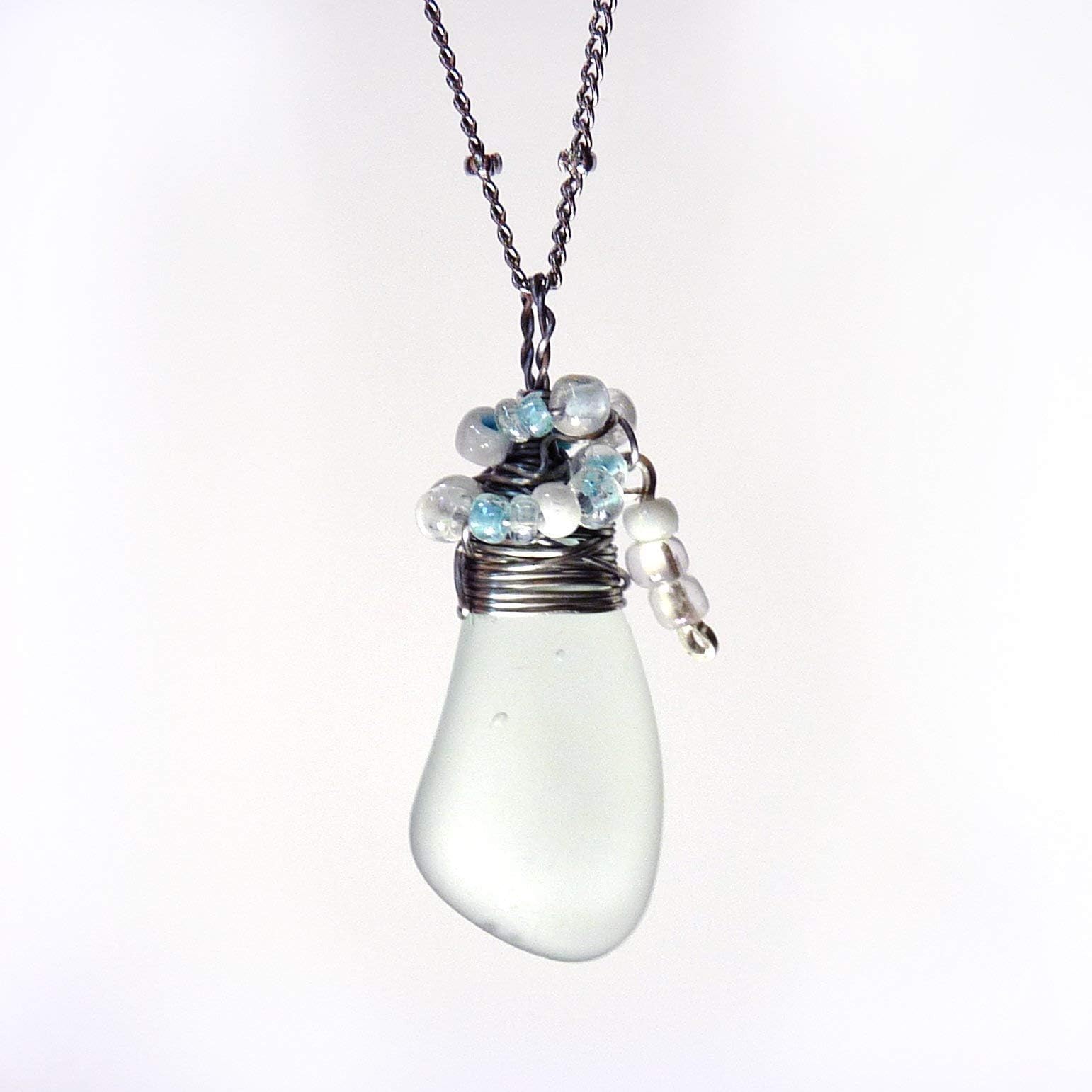 Sea Glass Pendant - Pale Green Cultured Sea Glass - Aqua, Green & Silver, Stainless Steel Handmade Wire Wrapped Sea Glass Pendant Necklace w Beaded Dangle - Holiday Gift, Christmas Gift, Birthday Gift