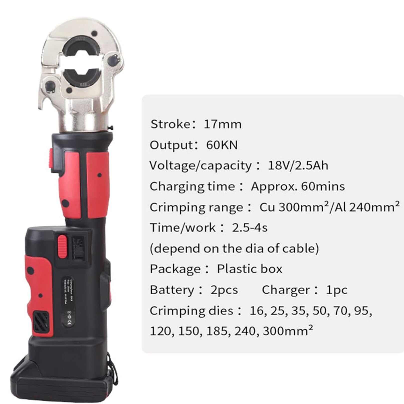 Pinzatrice multistrato a batteria,Set completo di utensili idraulici professionali contenente Rechargeable Hydraulic Crimping Tool, 11 stampi più comunemente utilizzati (che coprono 10-300 mm²)