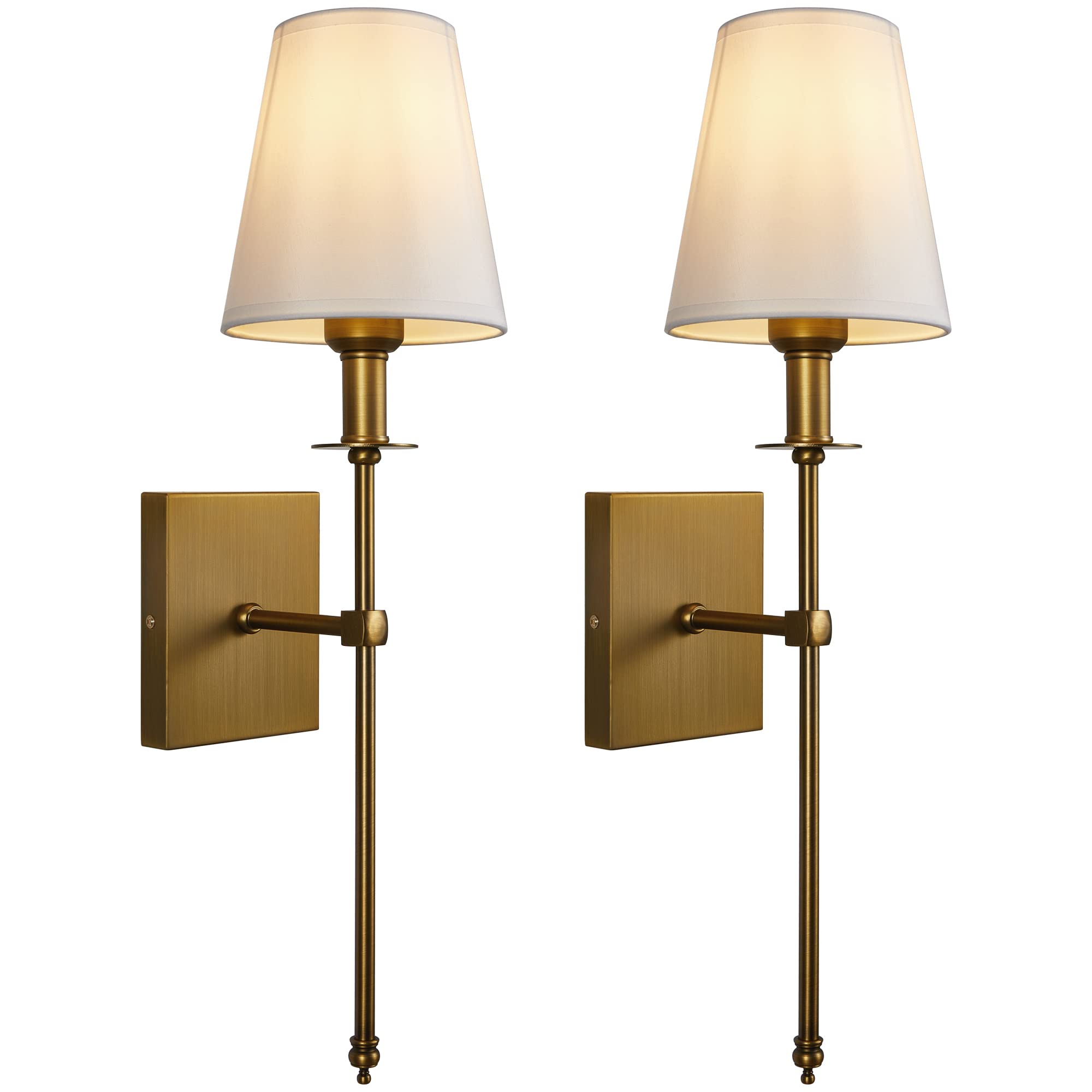 Passica Decor Modern Antique Brass Wall Sconce Set of Two, with Vertical Rod and White Fabric Flared Shade,Versatile Used in Bathroom Vanity Stairway Fireplace Kitchen Sink Living Room Bedroom