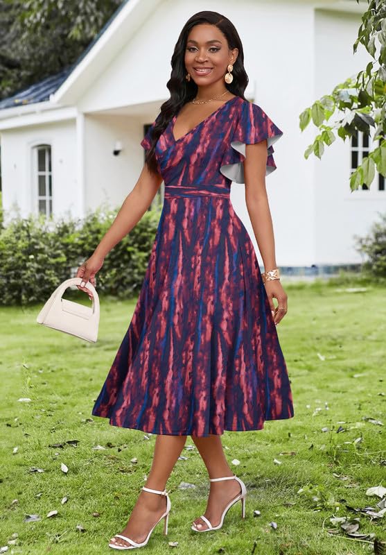 Image of MarryUP Women's Cocktail Midi Dress Elegant V Neck Ruffle Short Sleeve Wrap Wedding Guest Semi Formal A Line Dress