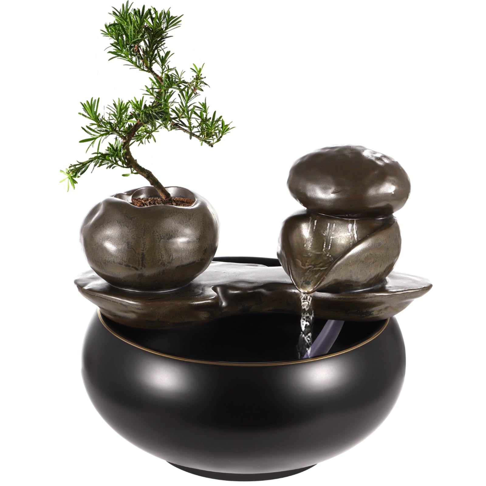 Fontaine de table en céramique avec élément d'eau en pierre – Fontaine de table noire brillante avec design naturel, décor de bureau silencieux pour la relaxation à la maison et au bureau'