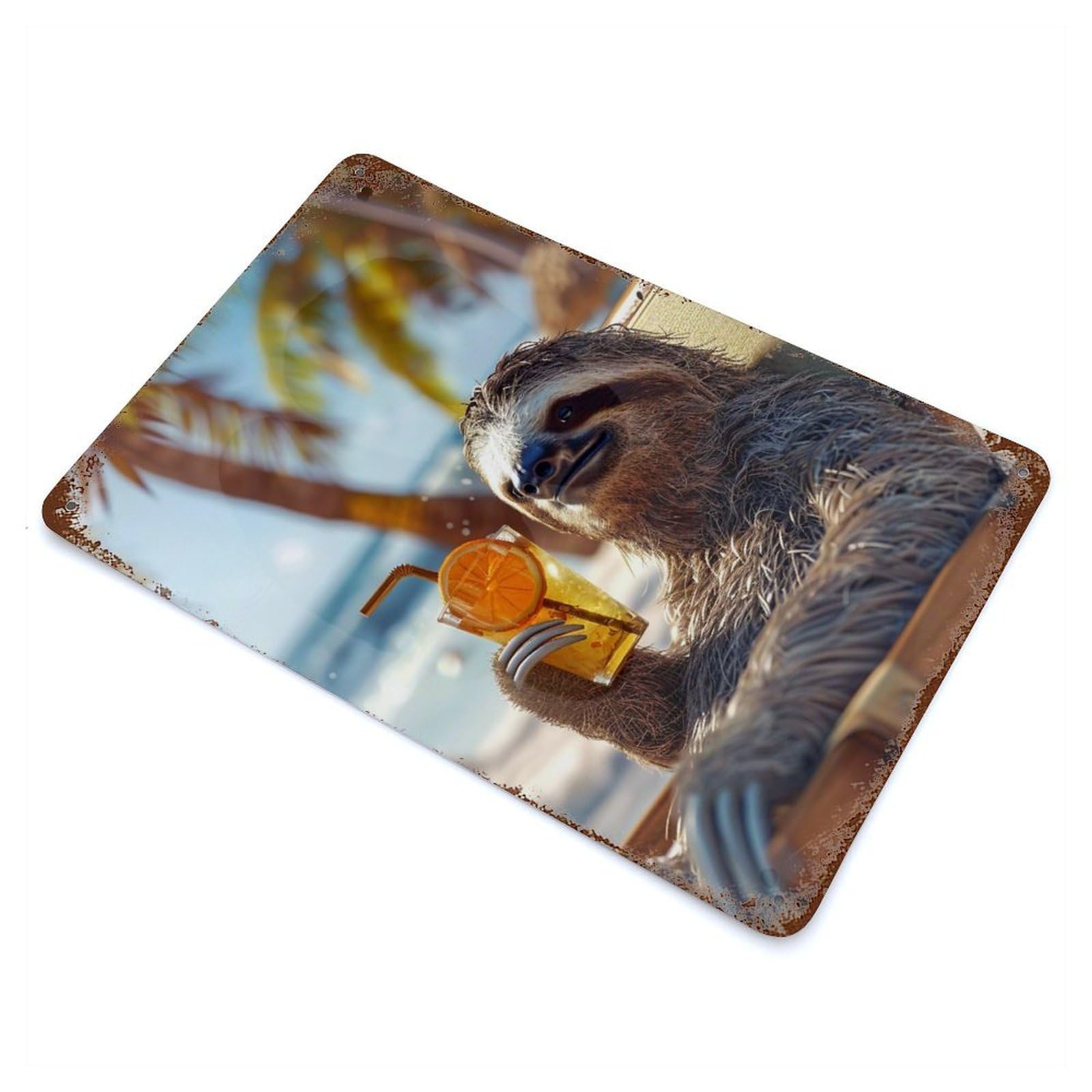 Garage Style Sloth Chillin with A Drink Rustic Tin Plaque 11.8"x7.9", Industrial Home Decor for Bar And Workshop