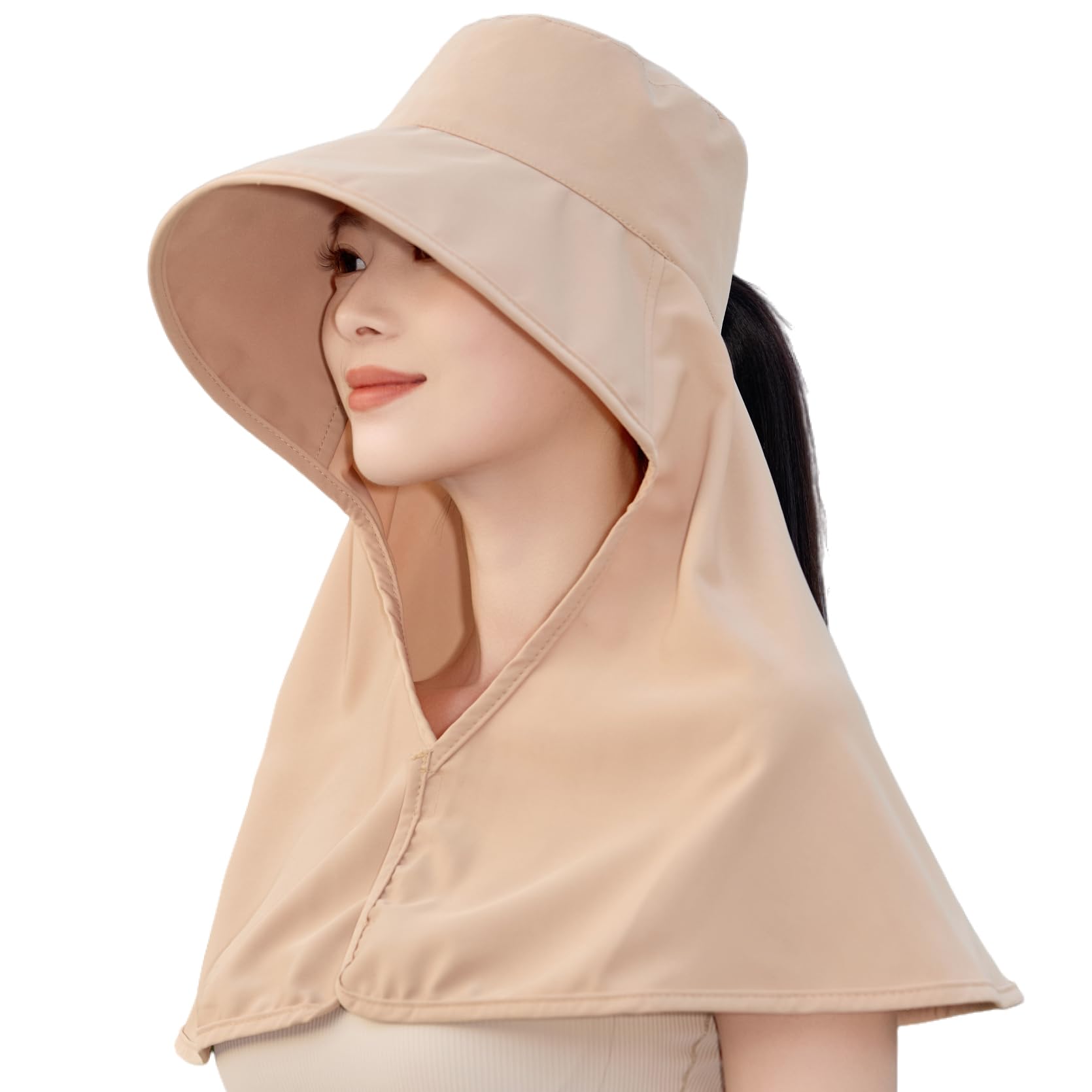 HUAMULAN Women Wide Brim Sun Hat Summer Ponytail Safari Fishing Hats Visor Caps with Neck Flap UV Protection Packable Khaki