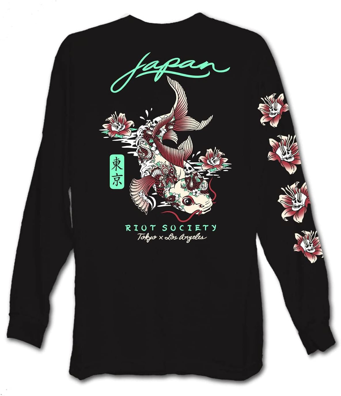 Riot Society Men's Long Sleeve Graphic and Embroidered Fashion T-Shirt Small Japan Koi Tattoo 2.0 (Black)