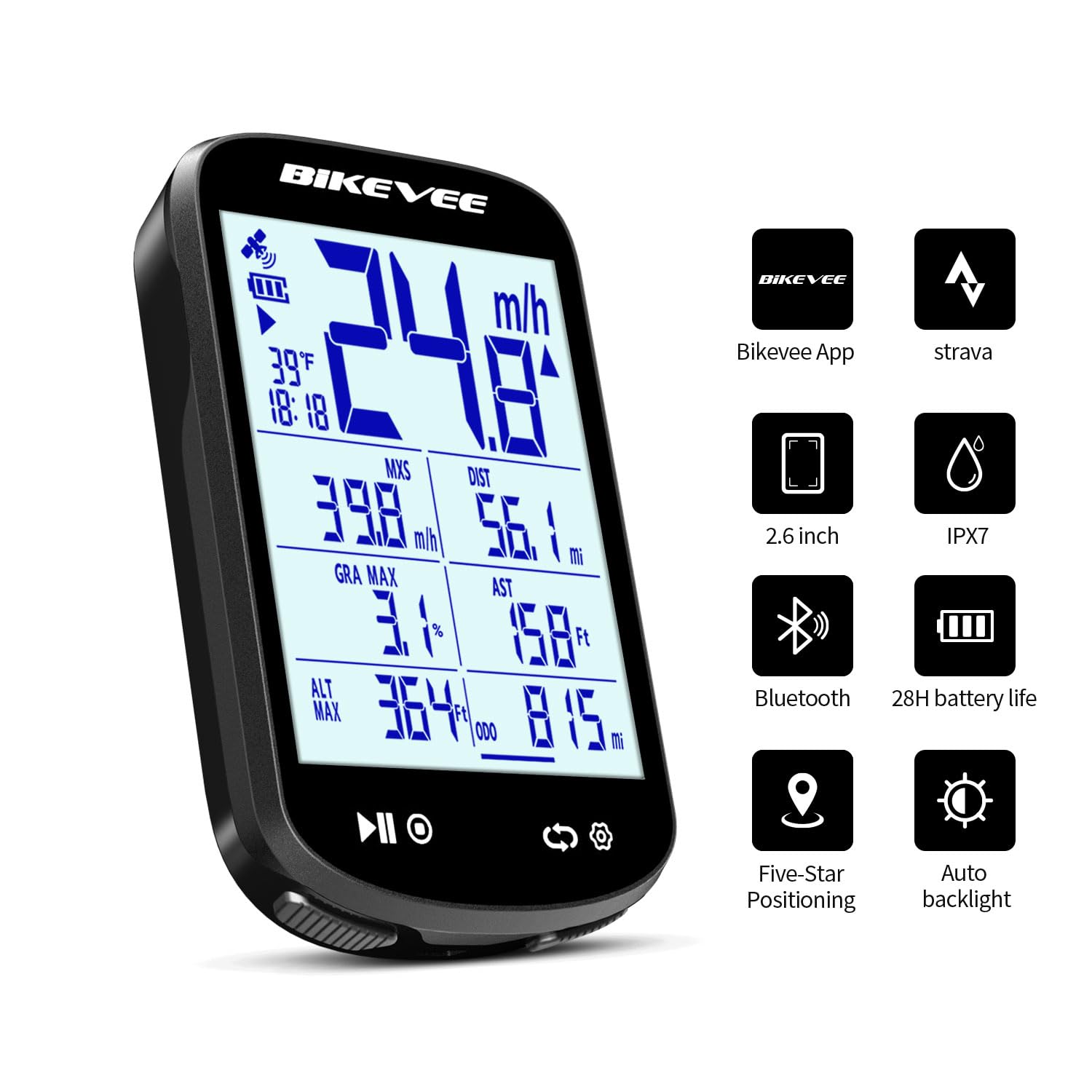 Bezprzewodowy komputer rowerowy GPS, licznik rowerowy z dużym wyświetlaczem i aplikacją Bluetooth, wodoszczelność IPX7, automatyczne podświetlenie, wyświetlacz FSTN 2,6 cala